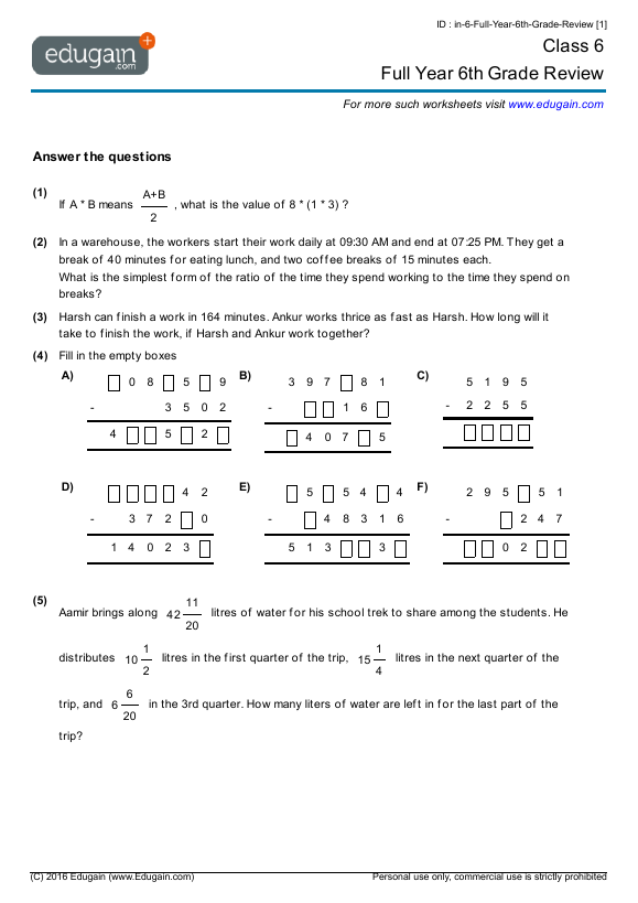 algebra worksheets 6th grade